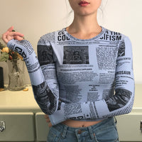Thumbnail for Newspaper Printed Long Sleeve Top - Blue / S