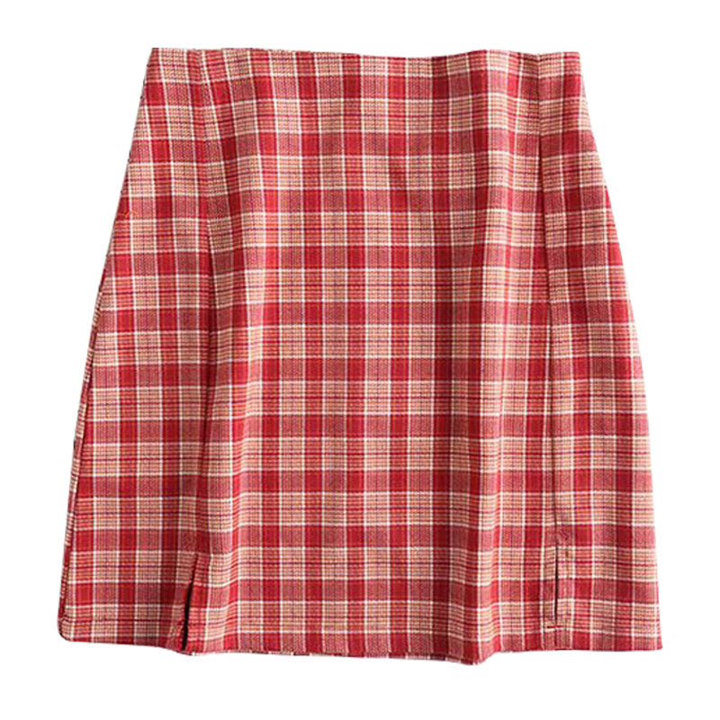 Plaid Double Slits Short Skirt - Red / S
