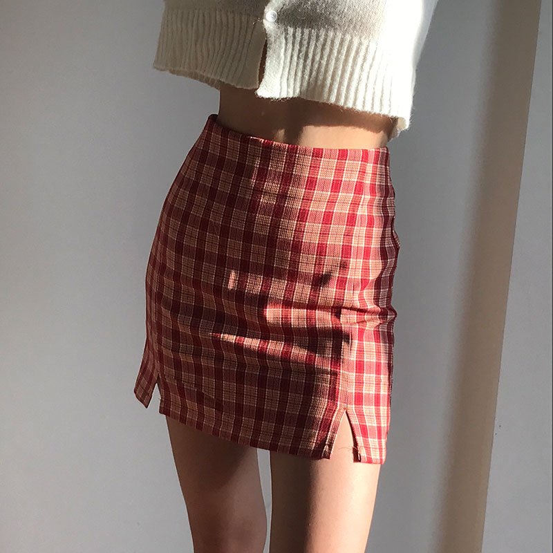 Plaid Double Slits Short Skirt