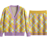 Thumbnail for Rhombus Stripe Set Cardigan Skirt - One Size / Yellow Purple