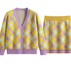 Rhombus Stripe Set Cardigan Skirt - One Size / Yellow Purple