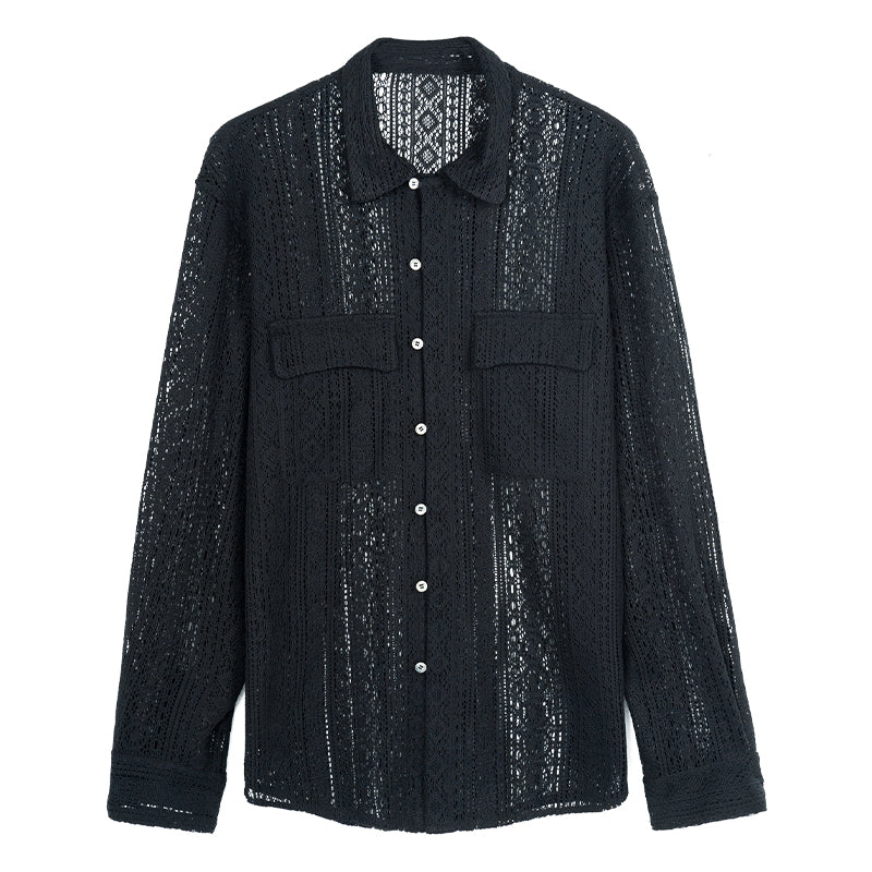 Crochet Lace Long Sleeve Shirt - Black / XS