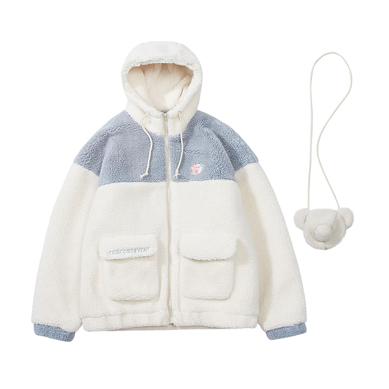 Bear Thick Cotton Padded Coat - Blue-White / M