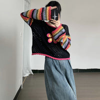 Thumbnail for Flower Striped Stitching Knitted Embroidery Sweater