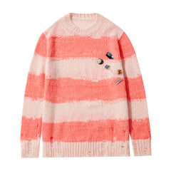Round Neck Loose Knitted Sweater - Pink / M