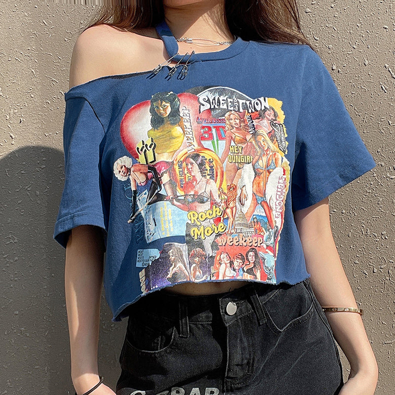 Comic Girls Print Off Shoulder T-Shirt - Dark Blue / XL -