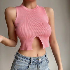 Pink Lettuce Waist Short Knitted Crop Top - 121412004