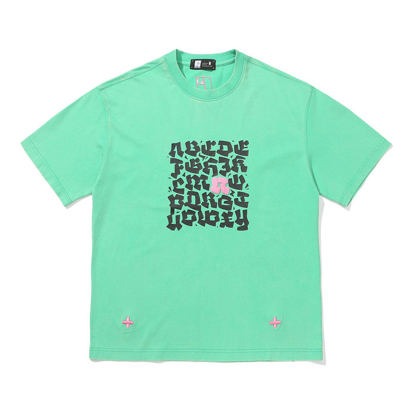 Letter Embroidery Short-sleeved T-shirt - Green / S -