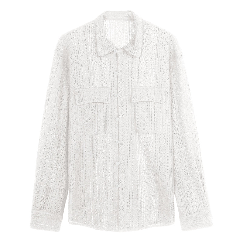 Crochet Lace Long Sleeve Shirt - White / XS