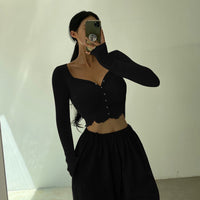 Thumbnail for Ruffled Pleats Heart Collar Slim Fit Long-Sleeved Crop Top -