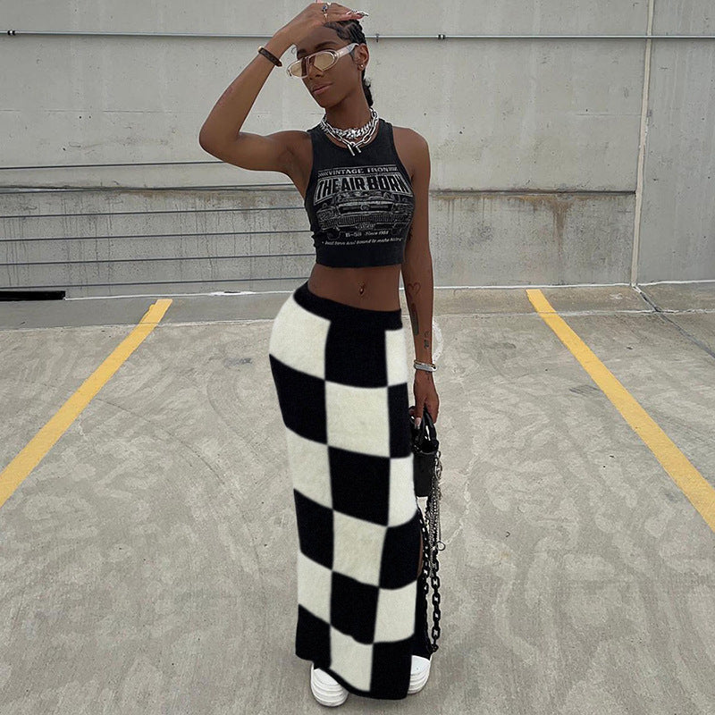 Chessboard Slim-Fit Long Skirt - Black-White / S