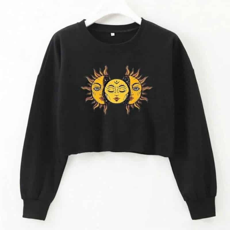 Solid Color Sun Face Crop Sweatshirt - Black / S