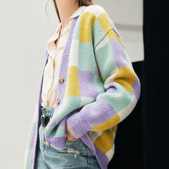 Colored Plaid Knitted Cardigan
