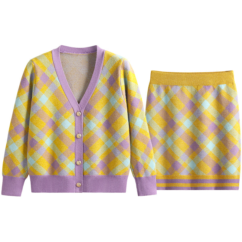 Rhombus Stripe Set Cardigan Skirt - One Size / Yellow Purple