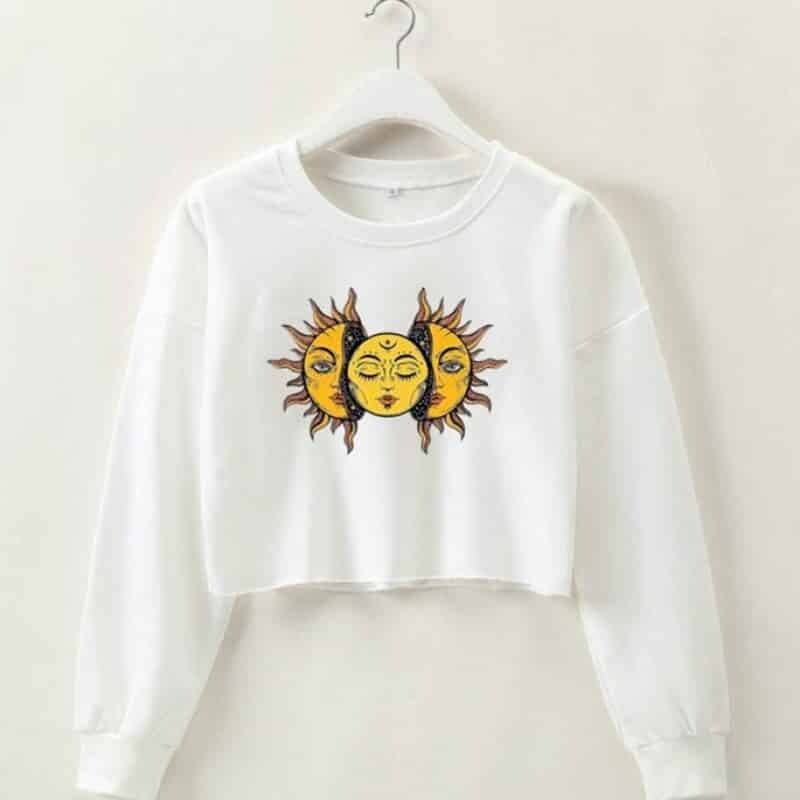 Solid Color Sun Face Crop Sweatshirt - White / L