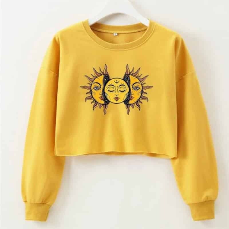 Solid Color Sun Face Crop Sweatshirt - Yellow / S