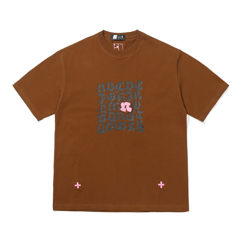 Letter Embroidery Short-sleeved T-shirt - Brown / S -
