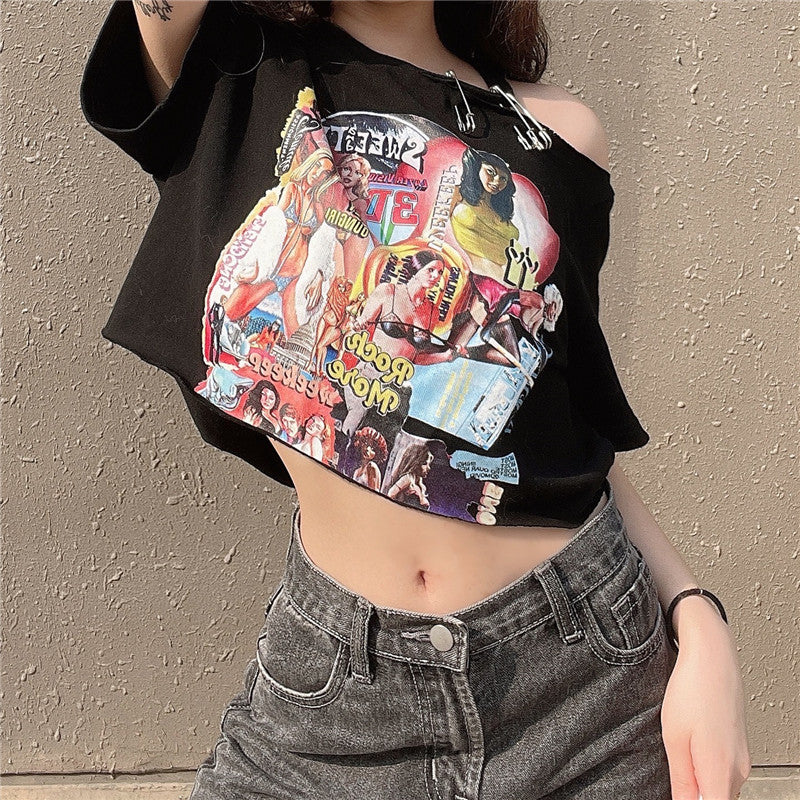 Comic Girls Print Off Shoulder T-Shirt - T-shirt