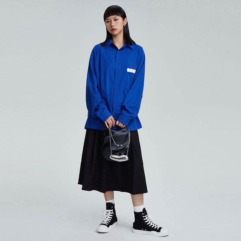 Electric Blue Pleated Long-Sleeved Shirt