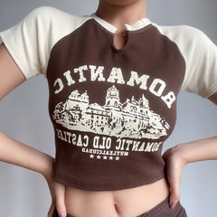 Romantic Round Neck Printed T-Shirt - Dark brown bottom