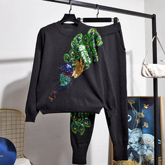 Peacock Sweater Trousers with Sequins 2 Set - Black / XL -