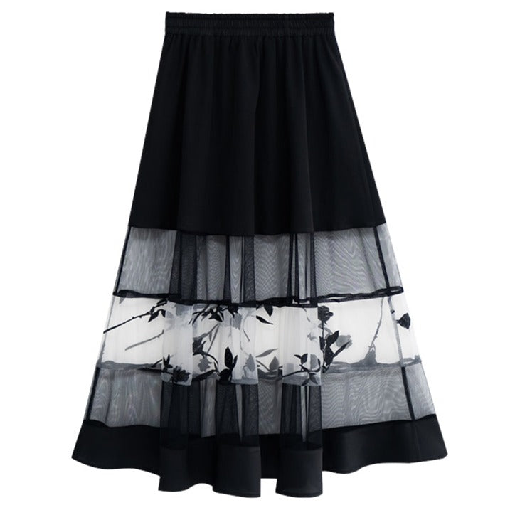 Black Gothic Double Layered Floral Pattern Long Skirt -