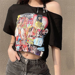 Comic Girls Print Off Shoulder T-Shirt - Black / S - T-shirt