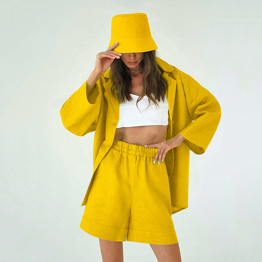 Solid Color Loose Set Short And Blazer - Yellow / S