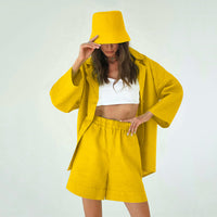 Thumbnail for Solid Color Loose Set Short And Blazer - Yellow / S