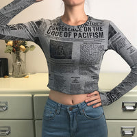 Thumbnail for Newspaper Printed Long Sleeve Top - Gray / S