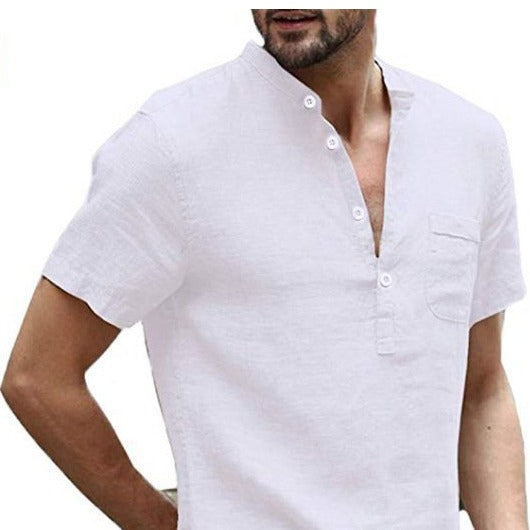 Solid Color V-Collar Short-Sleeved Shirt - White / XXXXL
