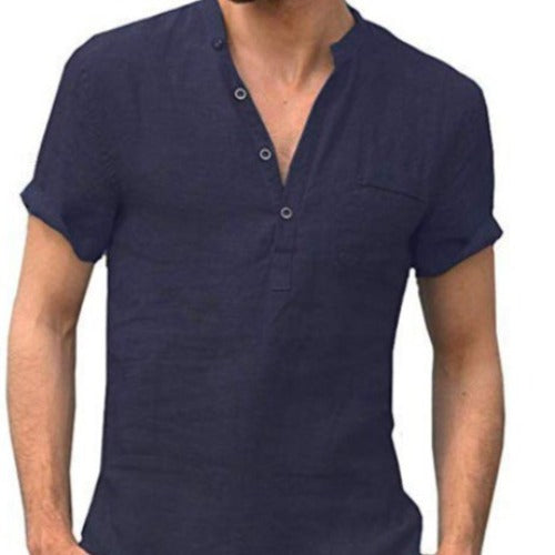 Solid Color V-Collar Short-Sleeved Shirt - Tibetan Blue /