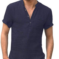 Thumbnail for Solid Color V-Collar Short-Sleeved Shirt - Tibetan Blue /