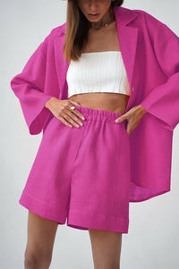 Thumbnail for Solid Color Loose Set Short And Blazer - Rose Red / M