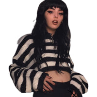 Thumbnail for Black And White Stripe Loose Short Sweater