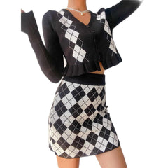 Diamon Plaid V-Neck Retro Cardigan and Skirt - Black / S -