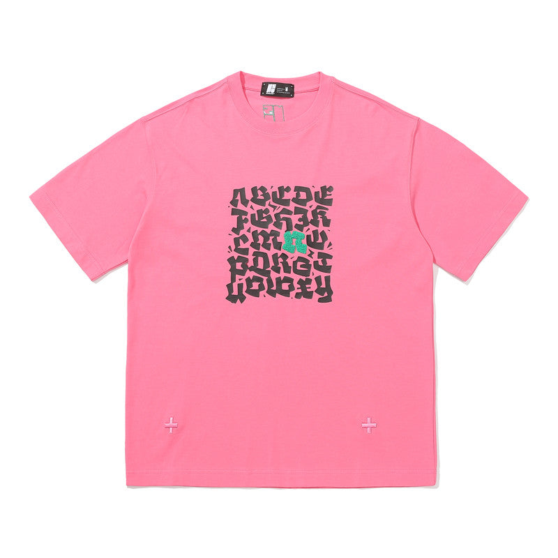 Letter Embroidery Short-sleeved T-shirt - Pink / XL -
