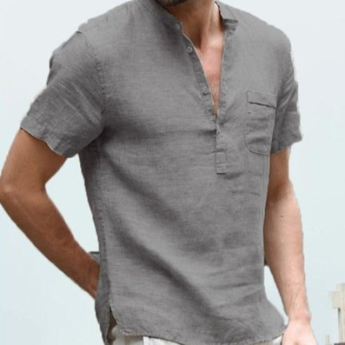 Solid Color V-Collar Short-Sleeved Shirt - Gray / XXXXL