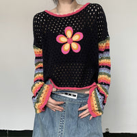 Thumbnail for Flower Striped Stitching Knitted Embroidery Sweater