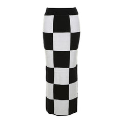Chessboard Slim-Fit Long Skirt
