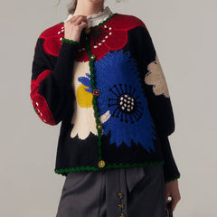 Floral Embroidery Knitted Black Cardigan - One Size