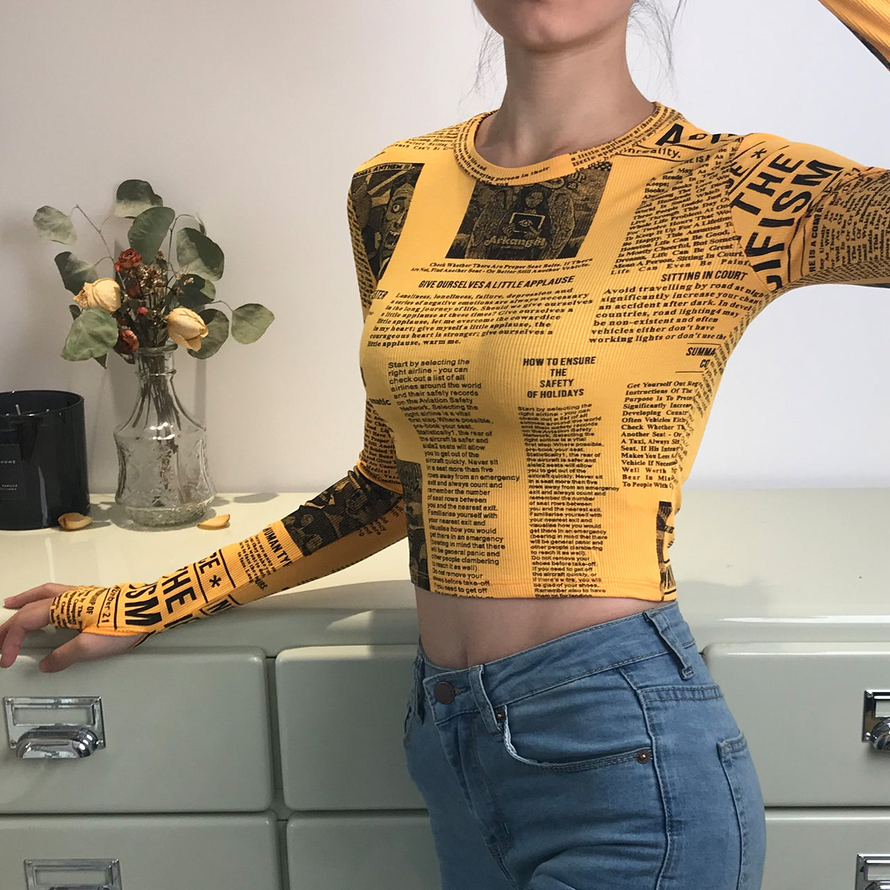 Newspaper Printed Long Sleeve Top - Yellow / S
