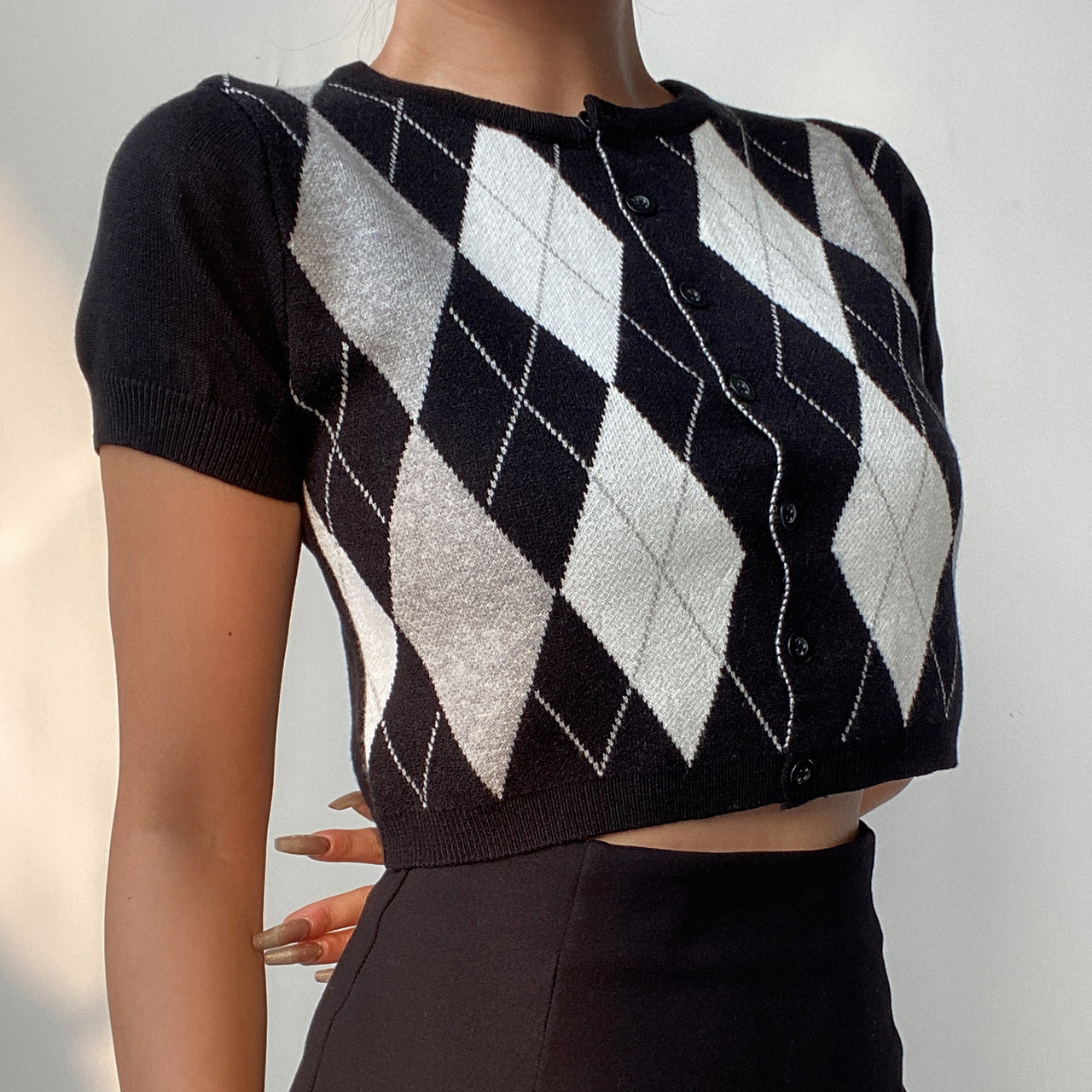 Rhombus Pattern Knitted Crop Top - Black / S - crop top