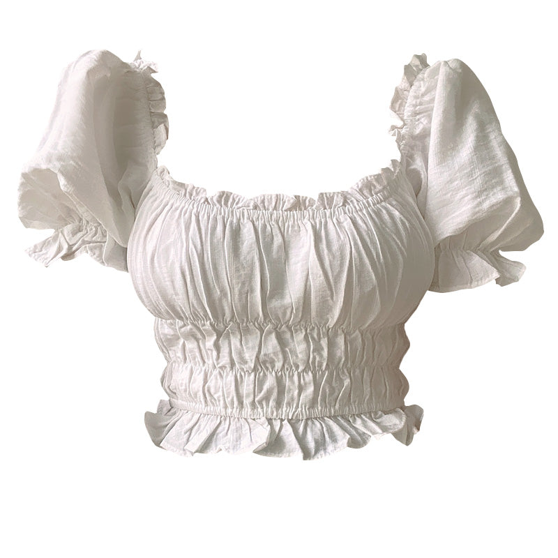 Square Neck Pleated Crop Top - White / S - crop top