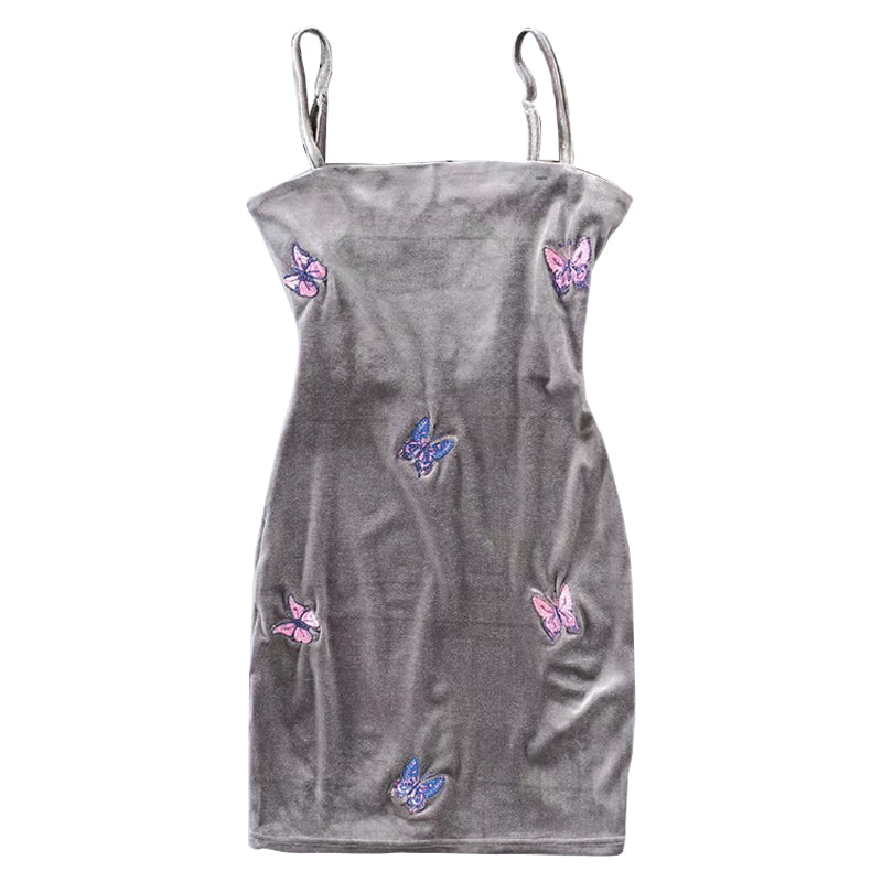 Embroidered Butterfly Flat Dress - Gray / S