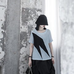 Round Neck Irregular Short Sleeve T-shirt - Blue-Black / M -
