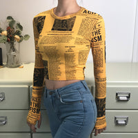 Thumbnail for Newspaper Printed Long Sleeve Top - Yellow / M