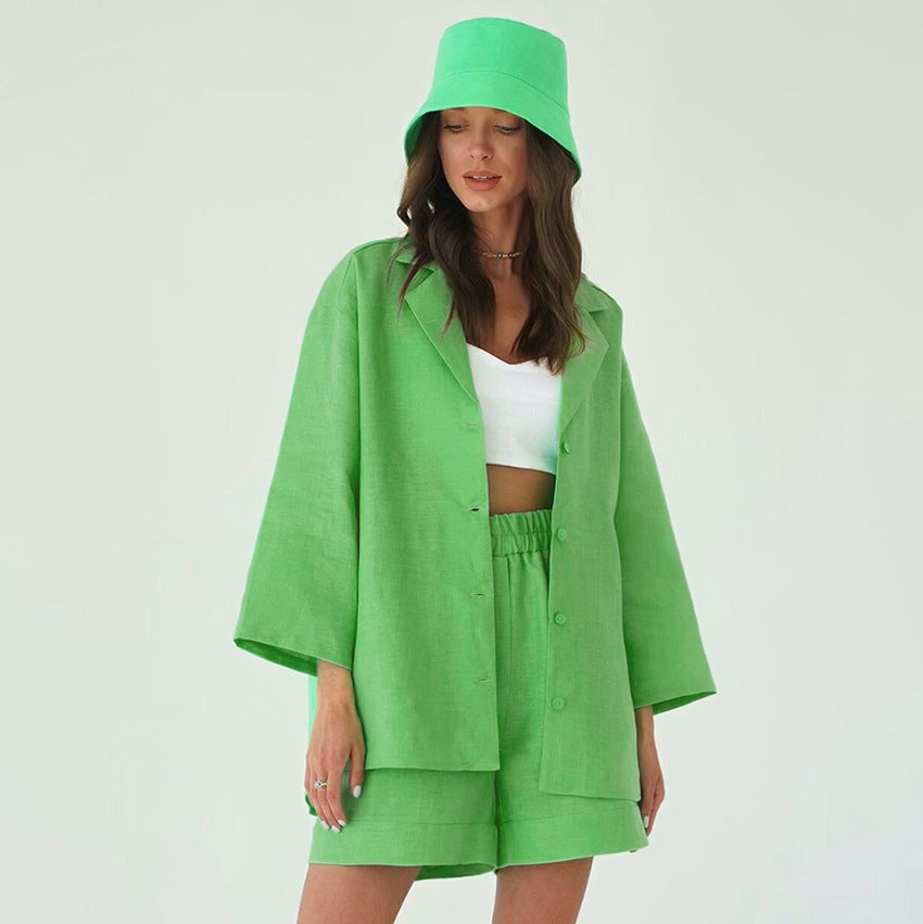 Solid Color Loose Set Short And Blazer - Green / S