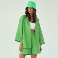 Thumbnail for Solid Color Loose Set Short And Blazer - Green / S