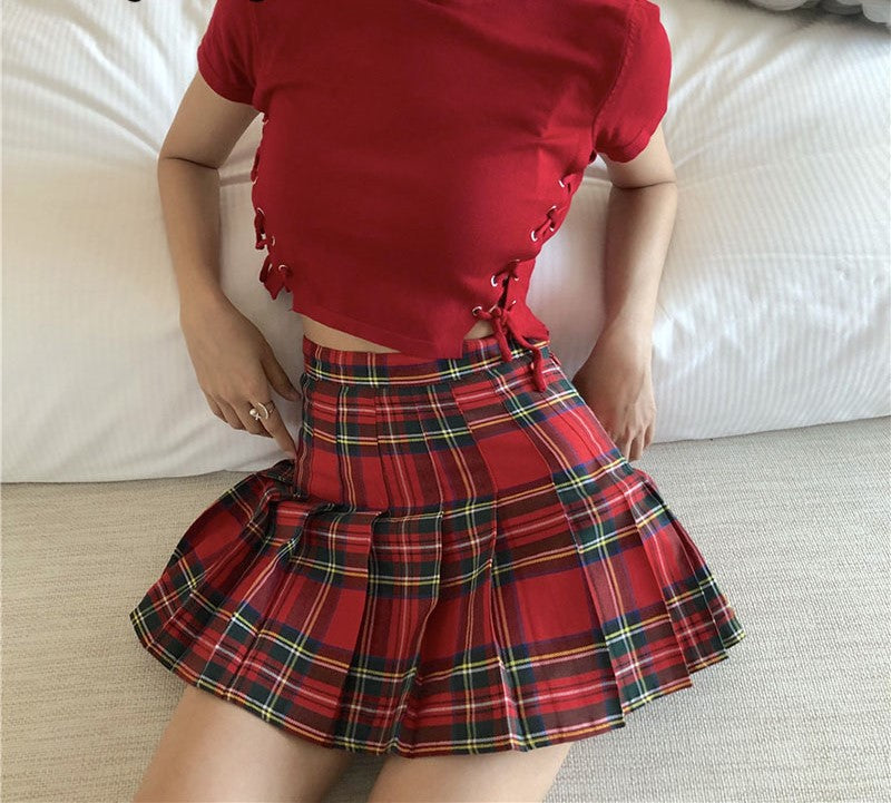 Preppy Harajuku Plaid Mini Skirt - red / XS